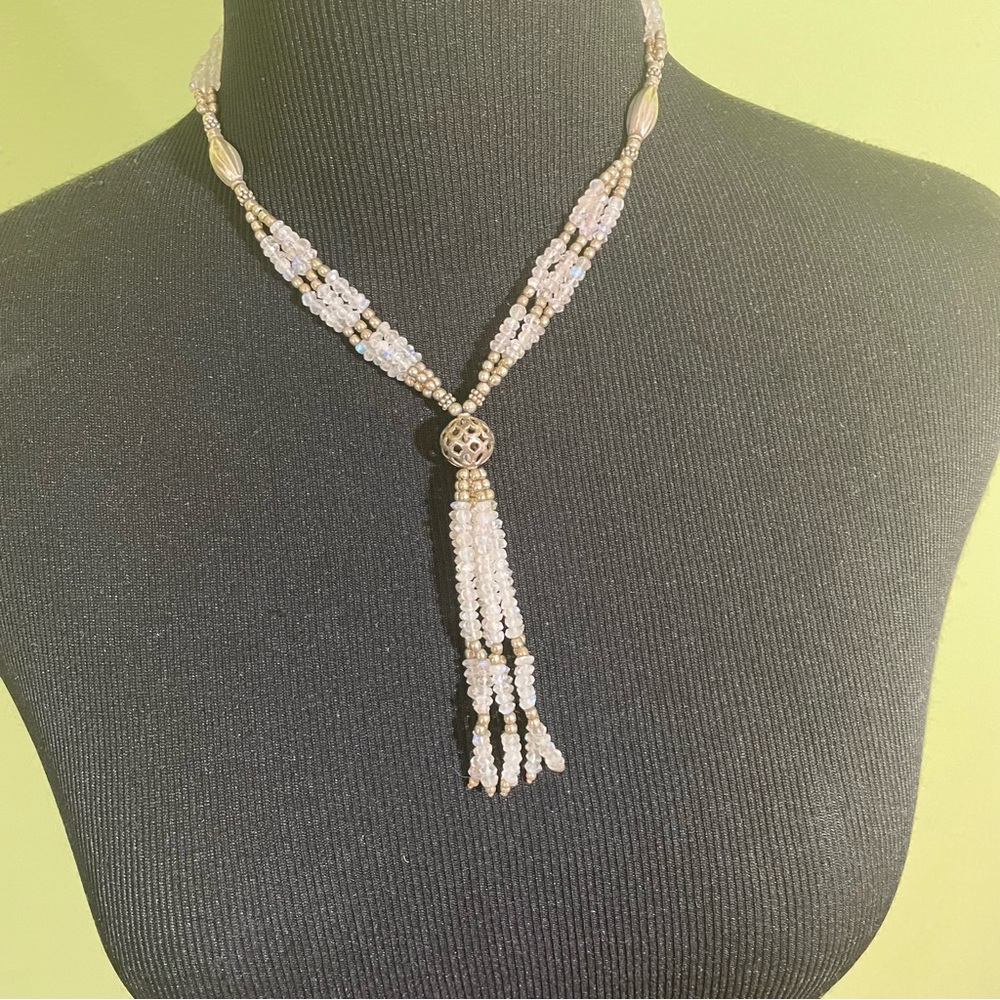 WHITE SILVER BEADED TASSEL ACCENT NECKLACE WOMENS FASHION JEWELRY